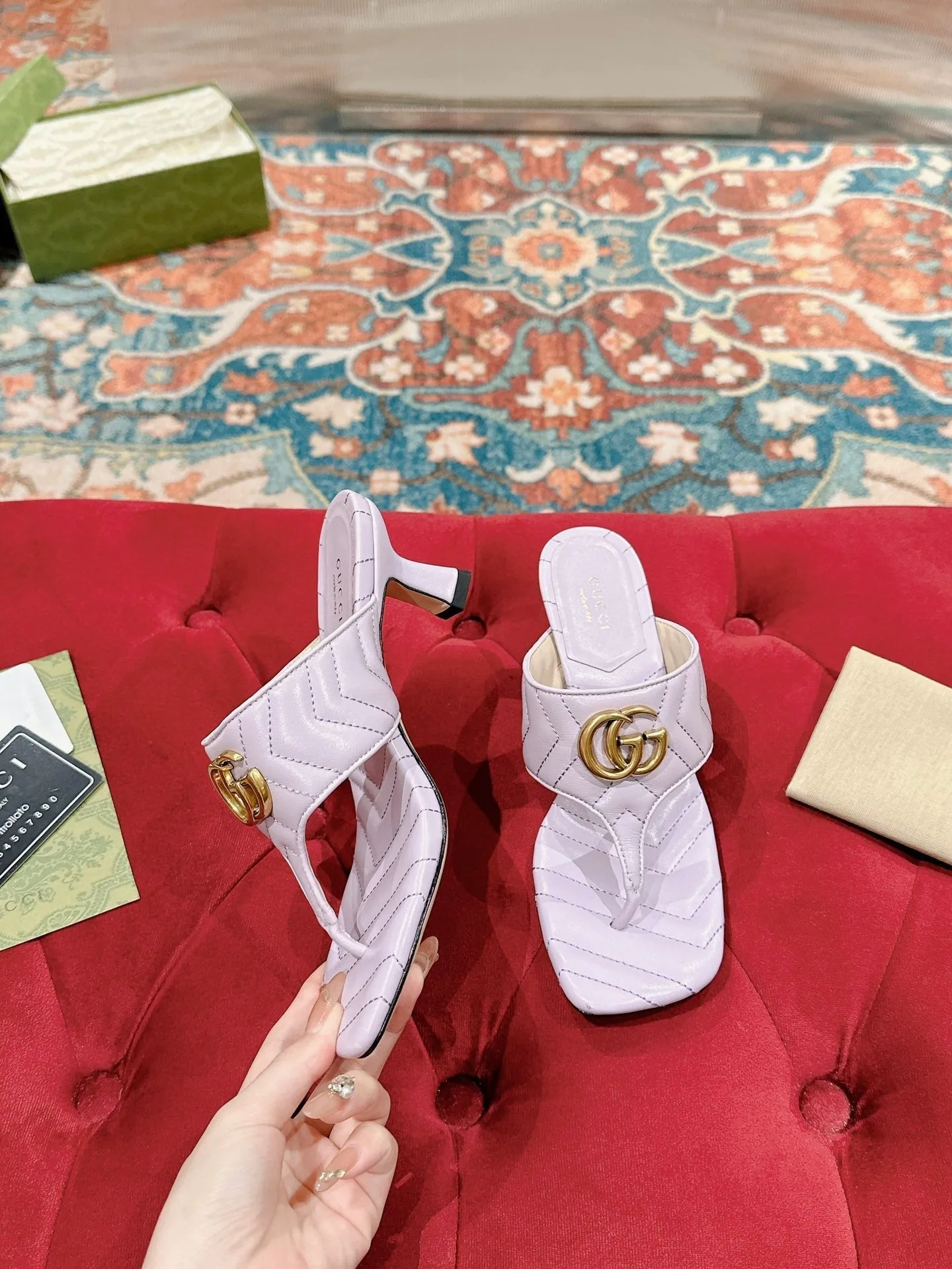 HIGH THONG MULE 55MM IN LIGHT PINK CALFSKIN WITH GOLD HARDWARE