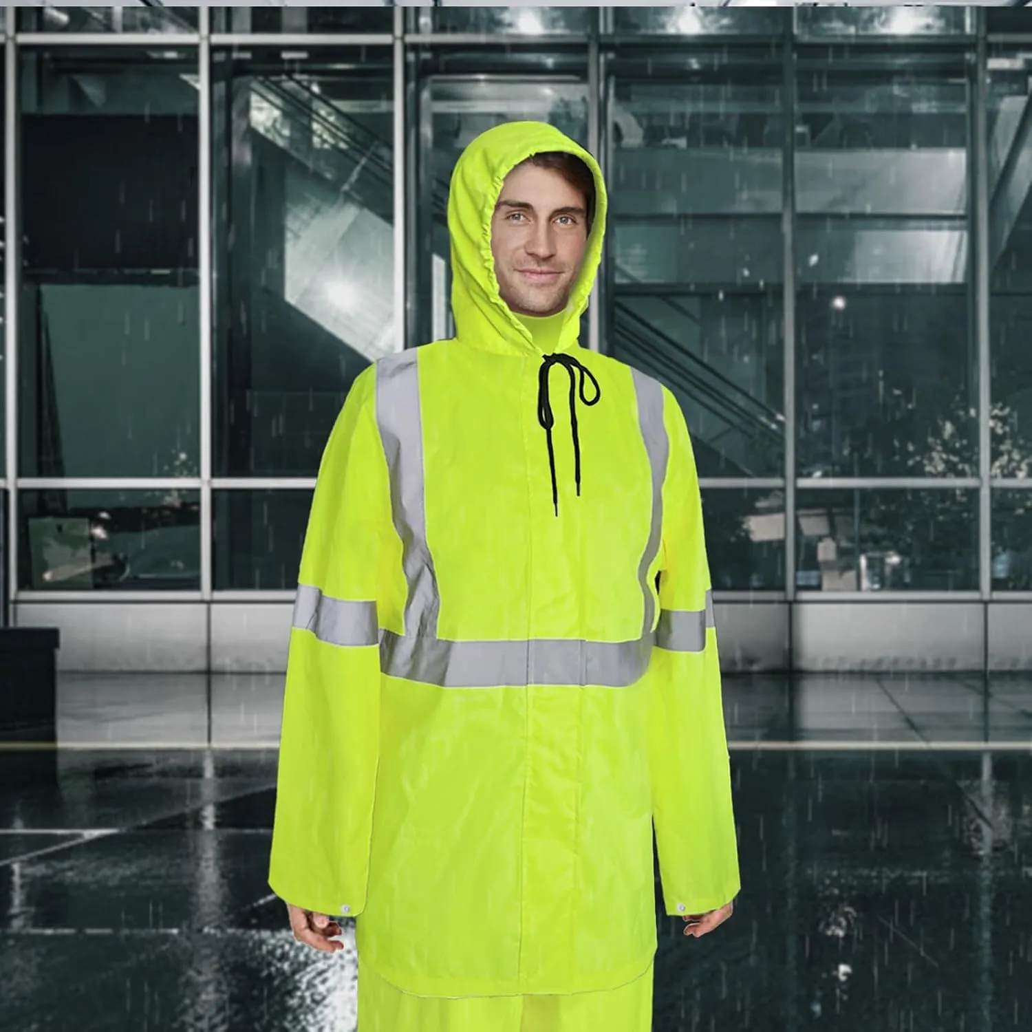 High Visibility Rain Jacket and Pants, High Vis Rain Suit for Men, Waterproof Rain Coat with Hood, Class 3 Lightweight Hi Vis Rain Gear for Outdoor& Safety Work, Men Women, Yellow B, 2XL-3XL