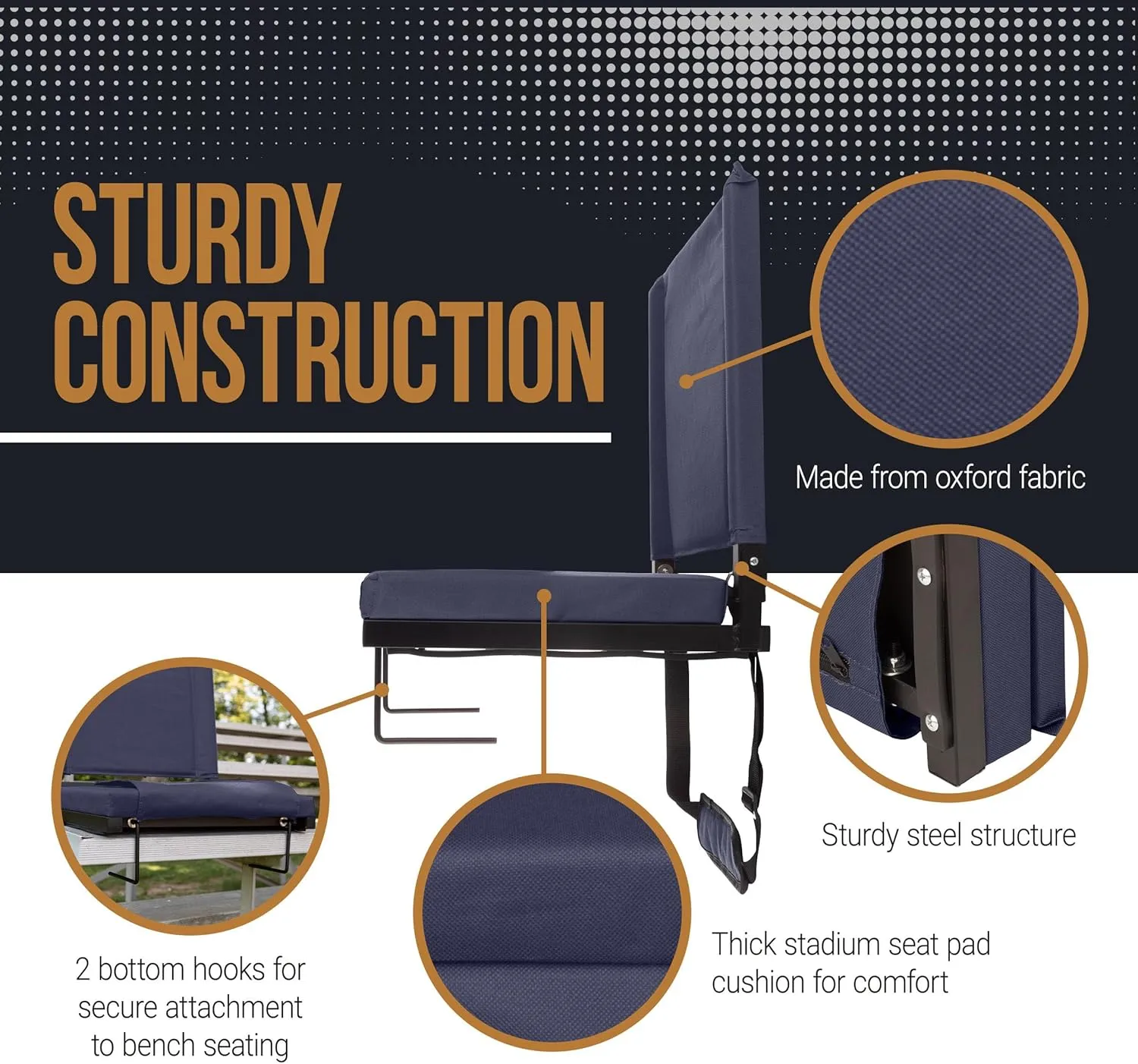 Home-Complete Bleacher Seat - Stadium Seat Cushion with Pocket and Cupholder - Wide Portable Sports Chair - Stadium Seats with Back Support (Navy)