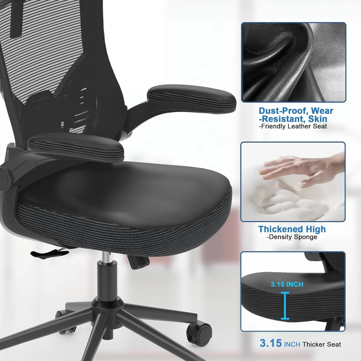 Home Office Chair, Ergonomic Comfy Desk Chair, High Back Computer Chair- Adjustable Headrest with Flip-Up Arms, Lumbar Support, Swivel Executive Task Chair (Modern, Black)