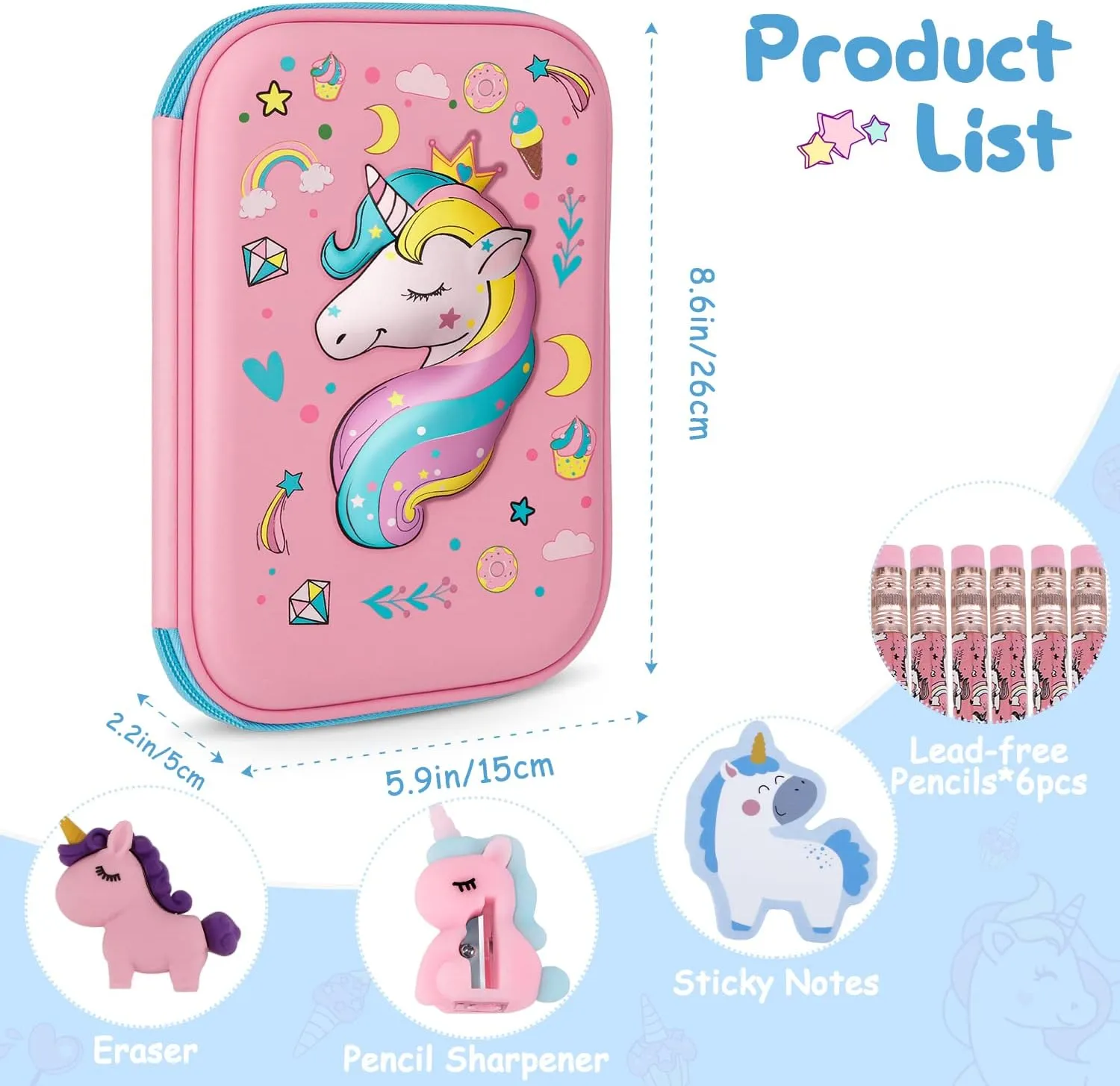 homicozy Pencil Case for Girls,Cute Unicorn Stationary Set for Kids,3D EVA School Large Capacity Pencil Pen Box with Compartment,School Supplies for Girls,Back to School Gifts for Kids,Pink
