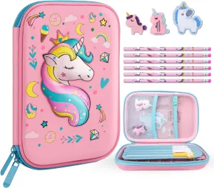 homicozy Pencil Case for Girls,Cute Unicorn Stationary Set for Kids,3D EVA School Large Capacity Pencil Pen Box with Compartment,School Supplies for Girls,Back to School Gifts for Kids,Pink