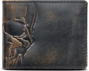 House of Jack Co. Skull Bifold Wallet for Men with Two ID Windows, Full Grain Cowhide Leather Wallet, Black