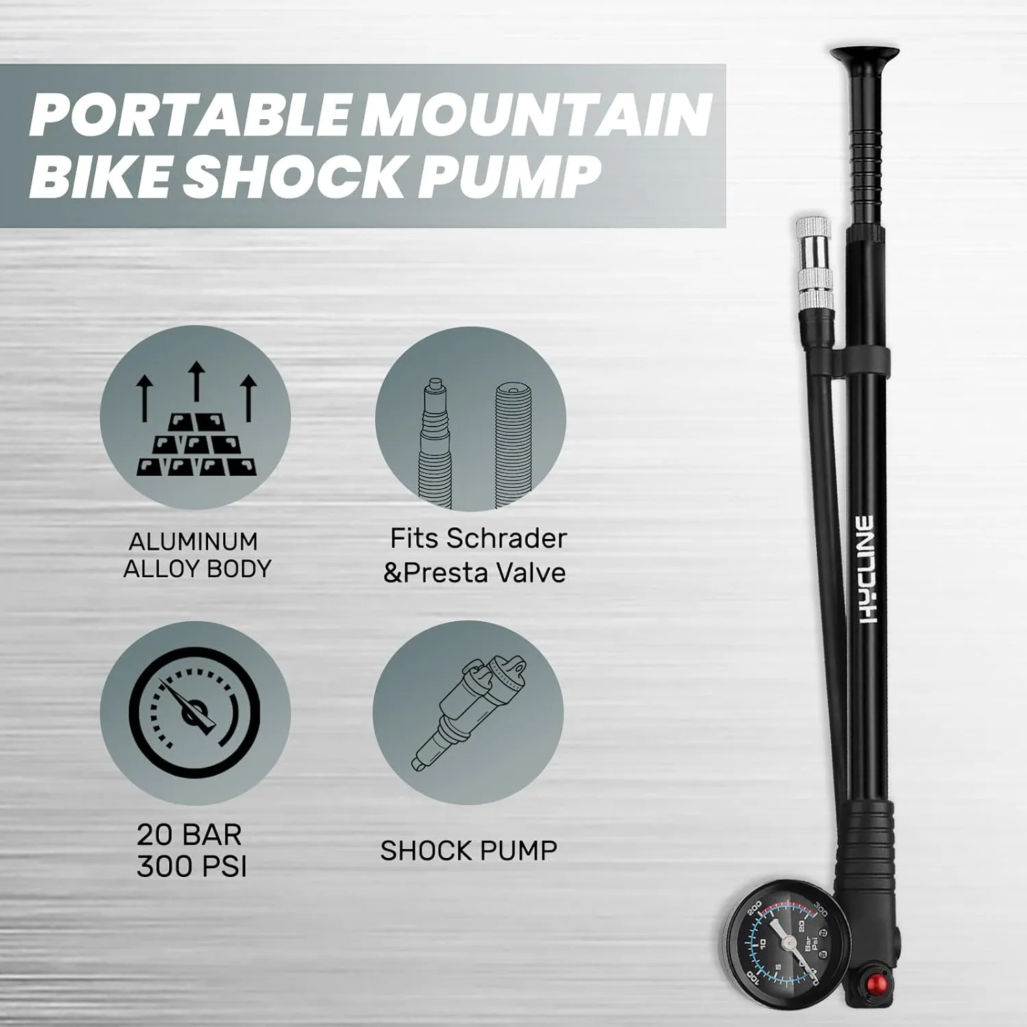 Hycline Shock Pump for Mountain Bike, High Pressure 300 Psi for Front Fork and Rear Bicycle Suspension Air Pump with Gauge Fits Schrader & Presta Tire Valve