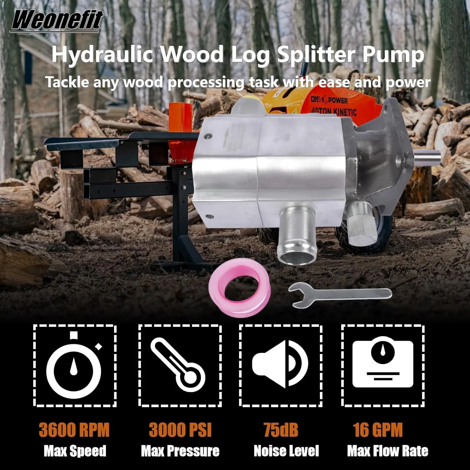 Hydraulic Wood Log Splitter Pump - 16GPM | 2 Stage | 3000 PSI | Aluminum HI/LO Gear Pump with 3600 RPM, 1/2" NPT Outlet Port, 1" Barb Inlet Port, 1/2" Diameter Shaft, 1/8" Keyed Shaft