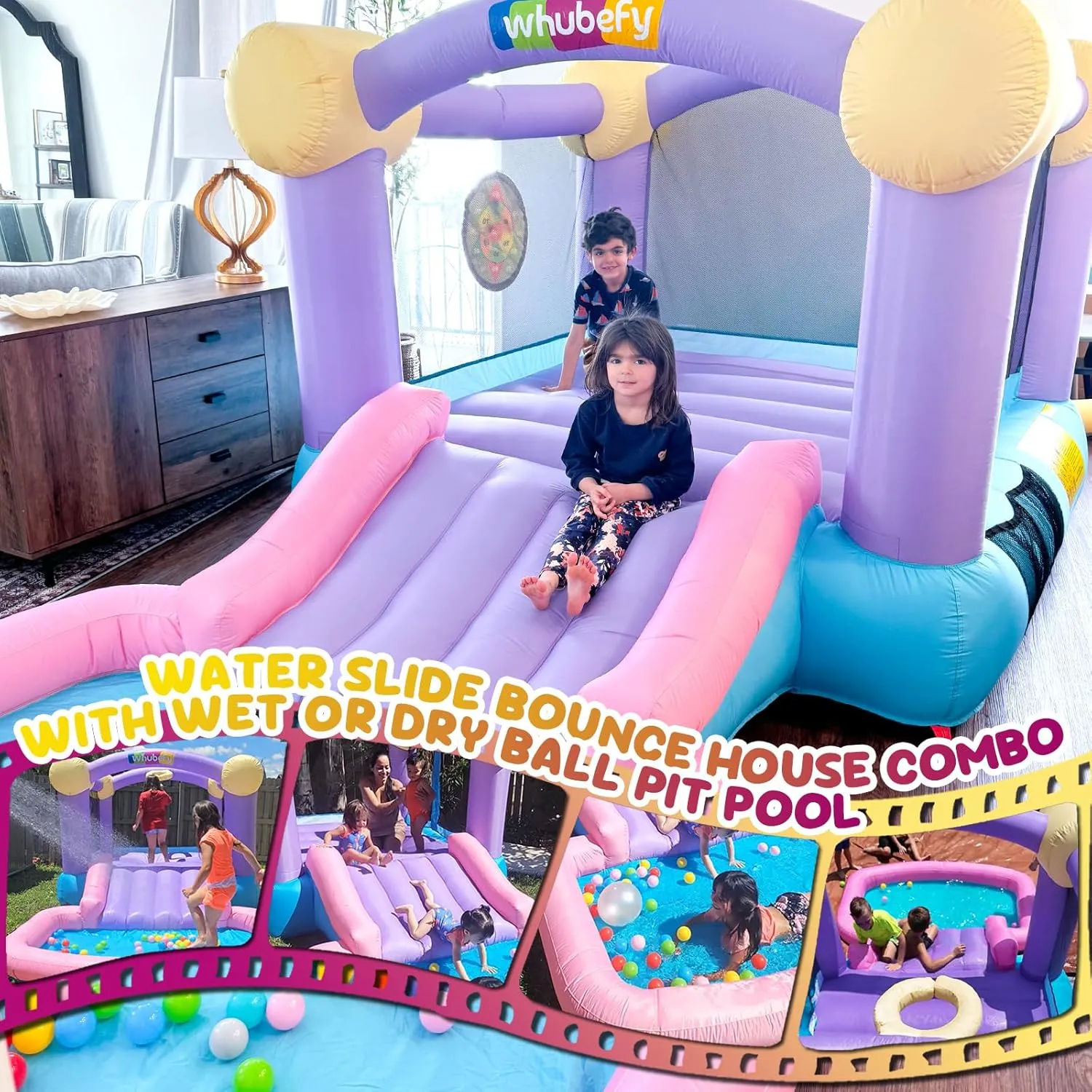 Inflatable Bounce House for Kids 3-6 with Water Slide Ball Pit Pool & 50 Ocean Balls, 5 in 1 Bouncy Castle w/ 6 Sticky Ball Dart Board Game, Basketball Hoop, Storage Bag & Blower Indoor Outdoor Party
