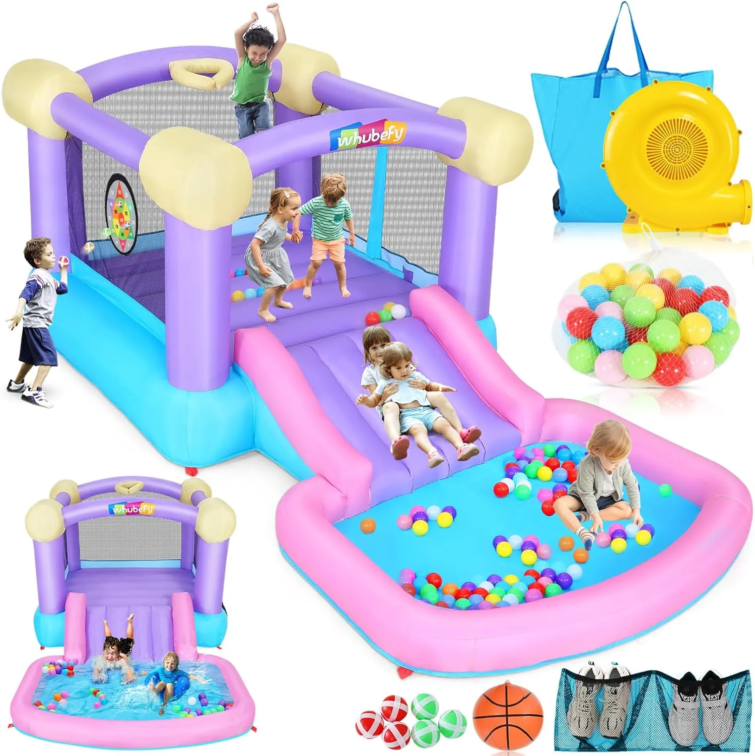 Inflatable Bounce House for Kids 3-6 with Water Slide Ball Pit Pool & 50 Ocean Balls, 5 in 1 Bouncy Castle w/ 6 Sticky Ball Dart Board Game, Basketball Hoop, Storage Bag & Blower Indoor Outdoor Party