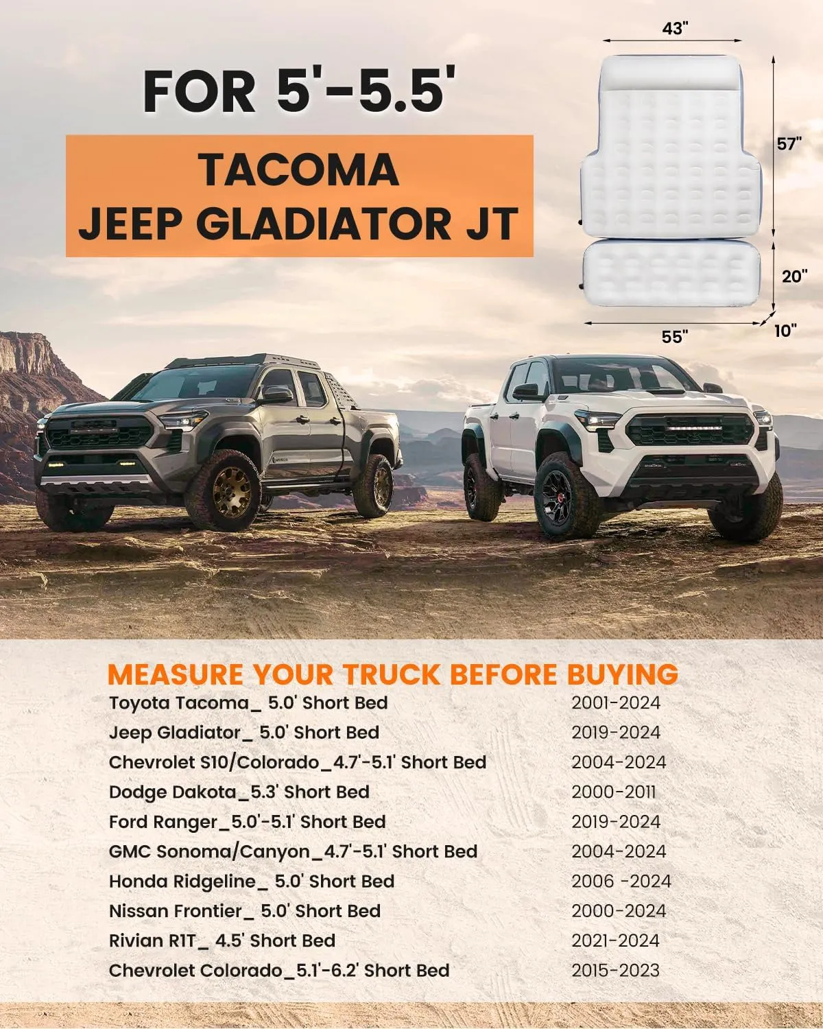 Inflatable Truck Bed Mattress for Tacoma Truck Air Mattress 5ft-5.5ft for Honda Ridgeline Jeep Gladiator JT,Space-Optimized Design, Built in Pump Detachable Tailgate Section