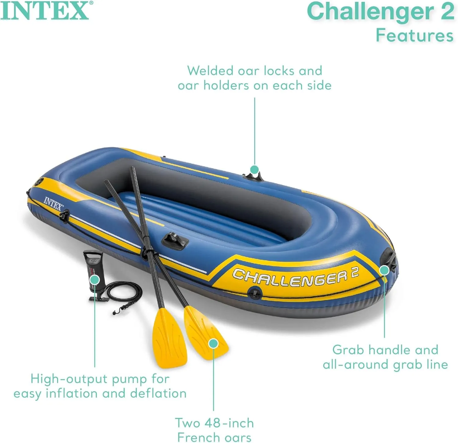 INTEX Challenger Inflatable Boat Series: Includes Deluxe Boat Oars and High-Output Pump – SuperStrong PVC – Triple Air Chambers – Welded Oar Locks – Heavy Duty Grab Handle