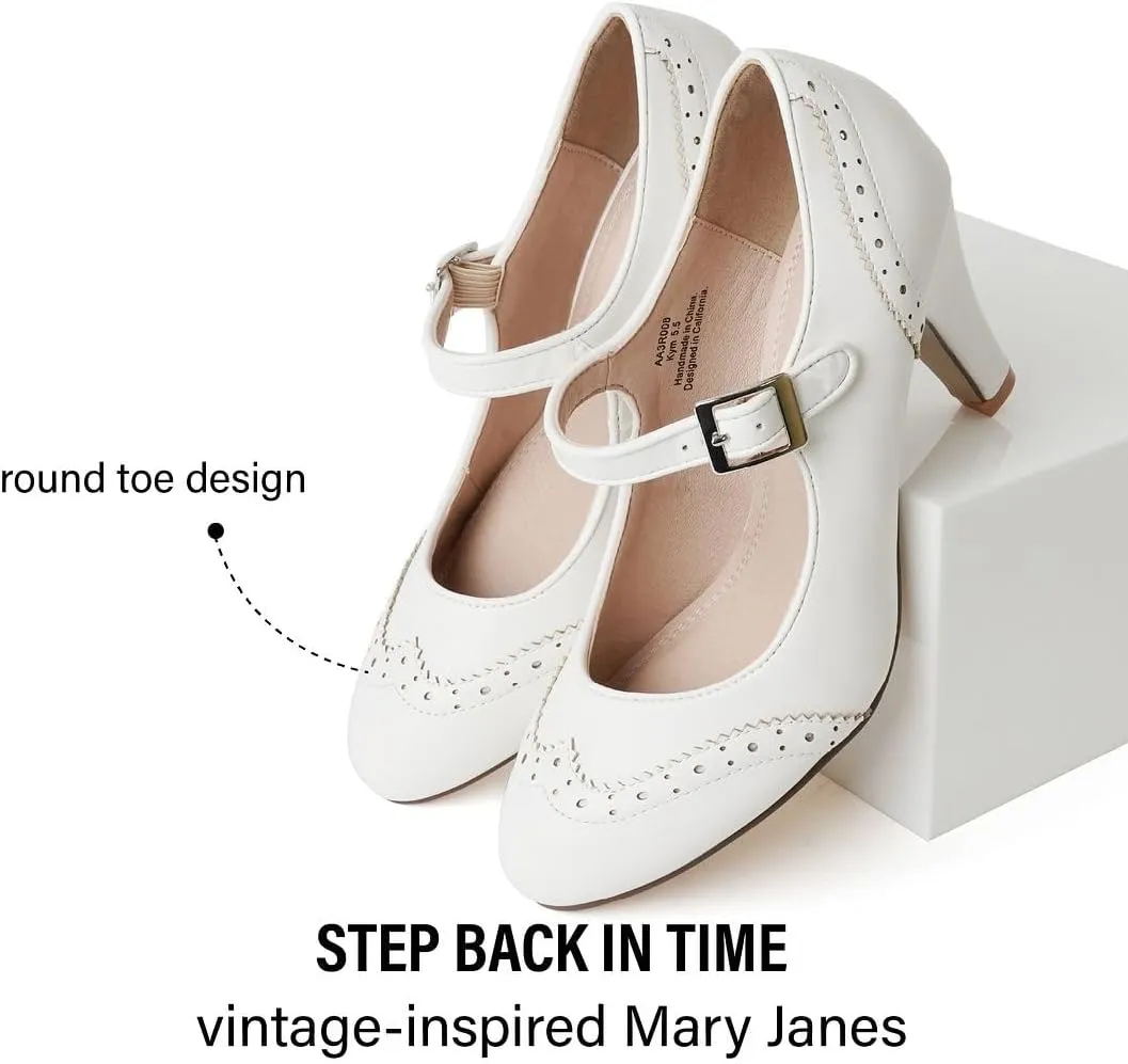 J. Adams Mary Jane Oxford Pumps - Cute Low Kitten Heels - Retro Round Toe Shoe with Ankle Strap - Kym