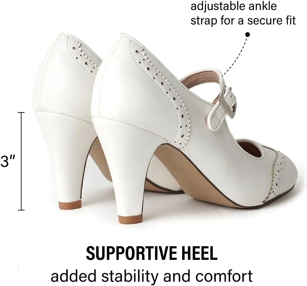 J. Adams Mary Jane Oxford Pumps - Cute Low Kitten Heels - Retro Round Toe Shoe with Ankle Strap - Kym