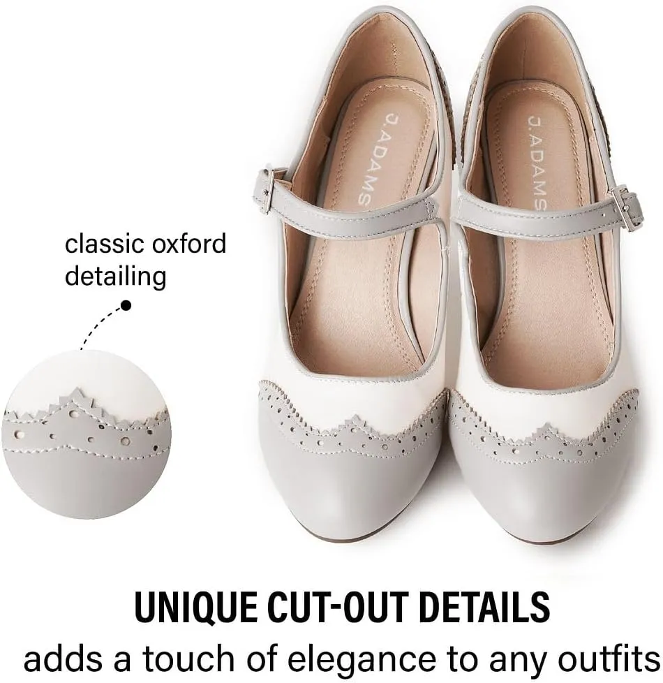 J. Adams Mary Jane Oxford Pumps - Cute Low Kitten Heels - Retro Round Toe Shoe with Ankle Strap - Kym