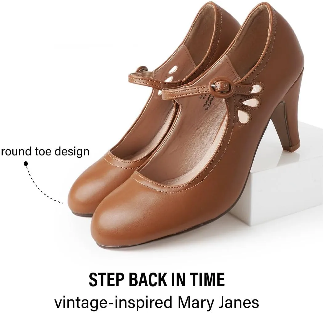 J. Adams Pixie Mary Jane Shoes Women Oxford Pumps - Cute Low Kitten High Heels - Retro Vintage Shoes for Women 1950s Mary Janes Round Toe Shoe with Ankle Strap - Women Dress Shoes