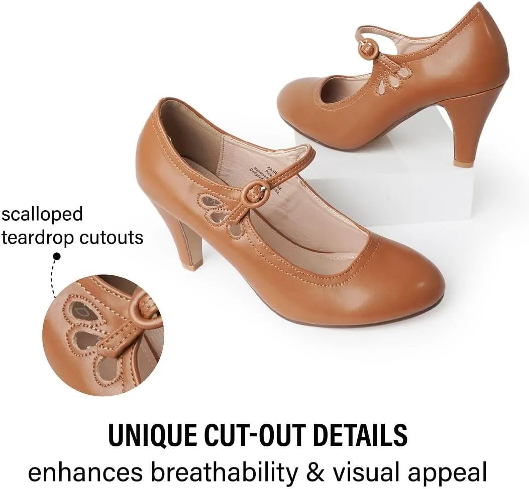 J. Adams Pixie Mary Jane Shoes Women Oxford Pumps - Cute Low Kitten High Heels - Retro Vintage Shoes for Women 1950s Mary Janes Round Toe Shoe with Ankle Strap - Women Dress Shoes