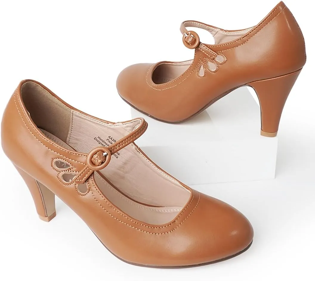 J. Adams Pixie Mary Jane Shoes Women Oxford Pumps - Cute Low Kitten High Heels - Retro Vintage Shoes for Women 1950s Mary Janes Round Toe Shoe with Ankle Strap - Women Dress Shoes