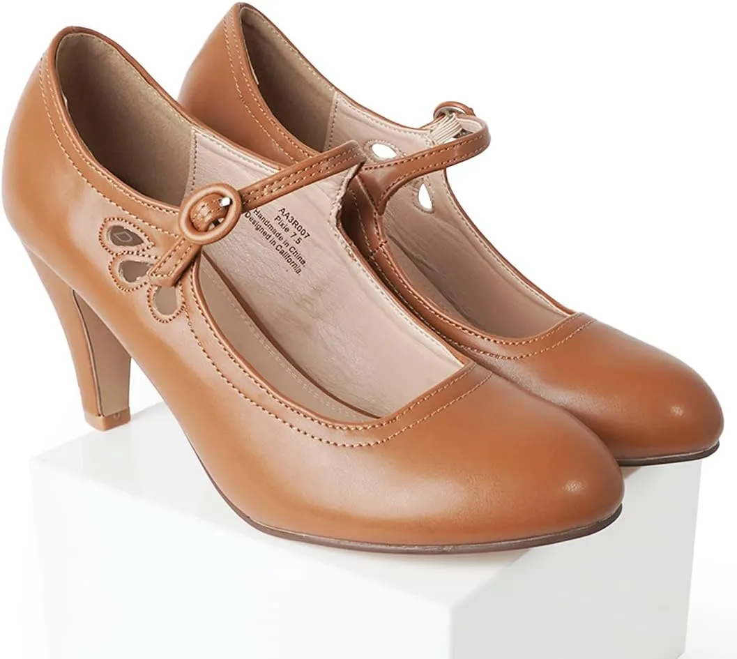 J. Adams Pixie Mary Jane Shoes Women Oxford Pumps - Cute Low Kitten High Heels - Retro Vintage Shoes for Women 1950s Mary Janes Round Toe Shoe with Ankle Strap - Women Dress Shoes