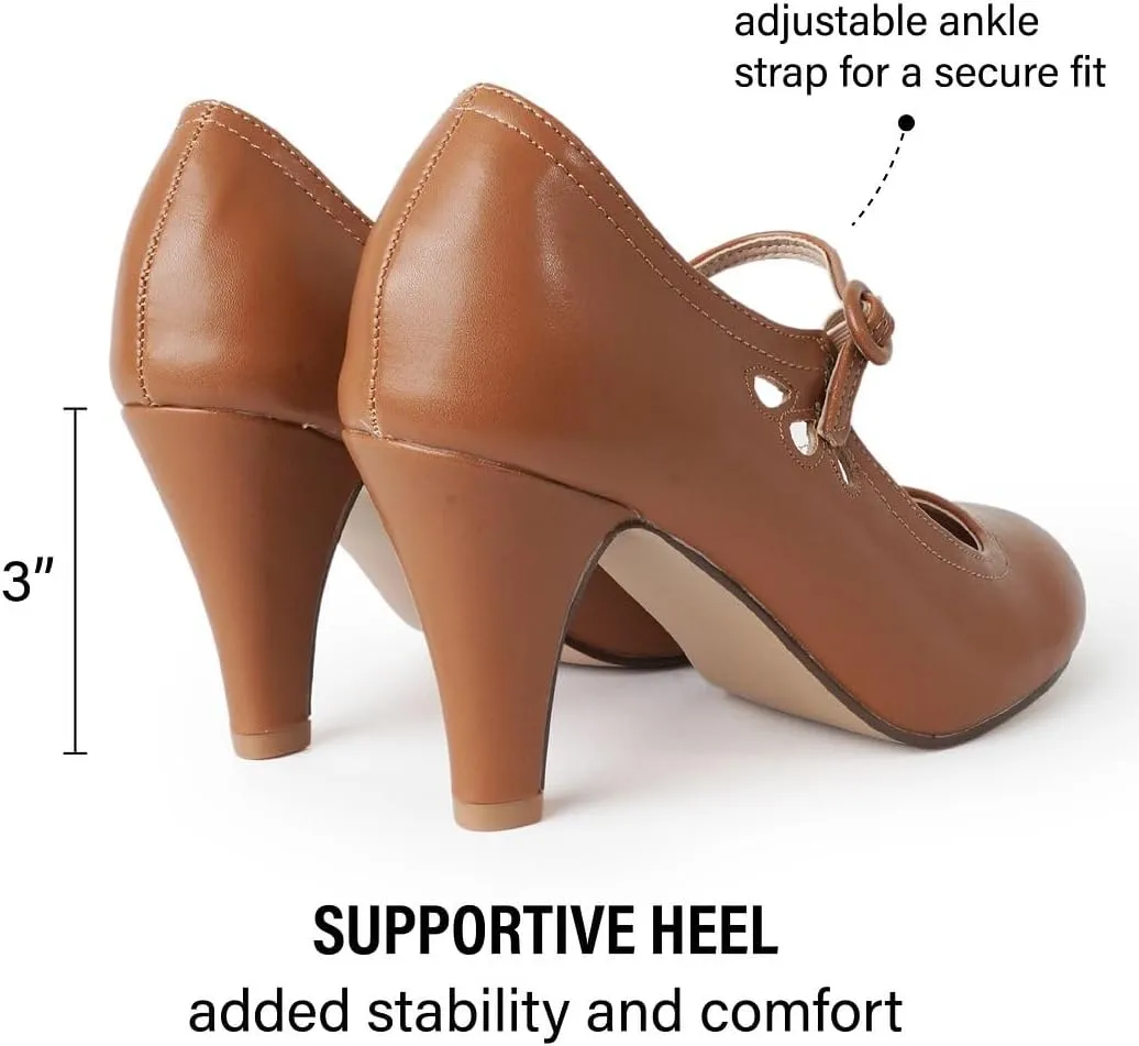 J. Adams Pixie Mary Jane Shoes Women Oxford Pumps - Cute Low Kitten High Heels - Retro Vintage Shoes for Women 1950s Mary Janes Round Toe Shoe with Ankle Strap - Women Dress Shoes