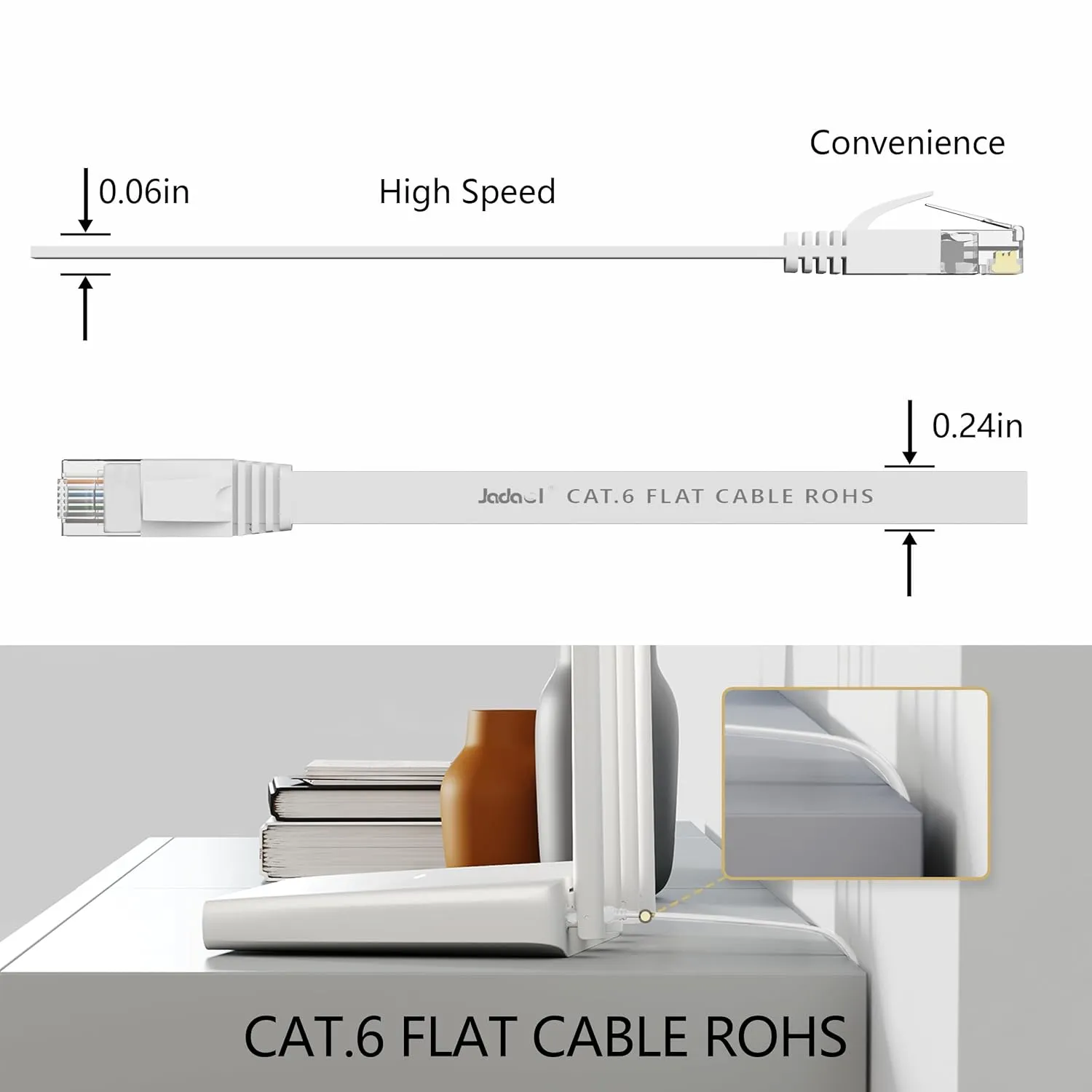 Jadaol Cat 6 Ethernet Cable 100 ft, Outdoor & Indoor 10Gbps Support Cat8 Cat7 Network, Flat RJ45 Internet LAN Computer Patch Cable for Router, Modem, Switch, Gaming Consoles, Streaming Devices, White