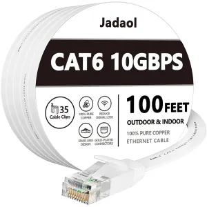 Jadaol Cat 6 Ethernet Cable 100 ft, Outdoor & Indoor 10Gbps Support Cat8 Cat7 Network, Flat RJ45 Internet LAN Computer Patch Cable for Router, Modem, Switch, Gaming Consoles, Streaming Devices, White
