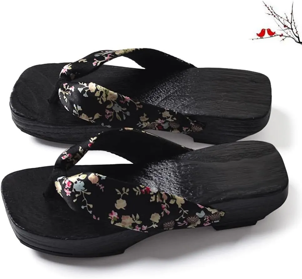 Japanese Wooden Clogs Sandals Japanese Style Anti Slip Leisure Slippers Beach Summer Flip Flops for Women Black Size 6US 3. 5UK 36. 5EU