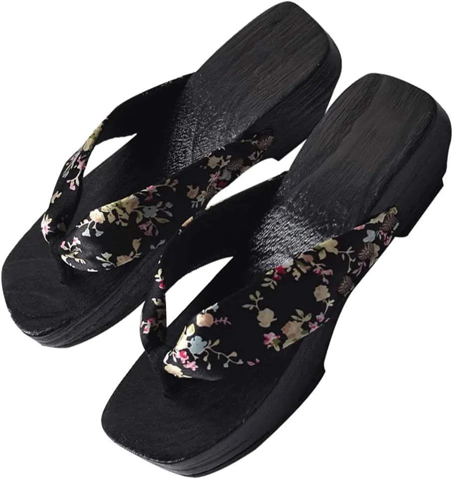 Japanese Wooden Clogs Sandals Japanese Style Anti Slip Leisure Slippers Beach Summer Flip Flops for Women Black Size 6US 3. 5UK 36. 5EU