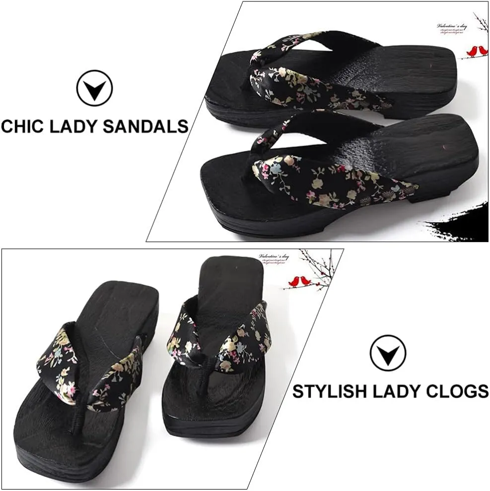 Japanese Wooden Clogs Sandals Japanese Style Anti Slip Leisure Slippers Beach Summer Flip Flops for Women Black Size 6US 3. 5UK 36. 5EU