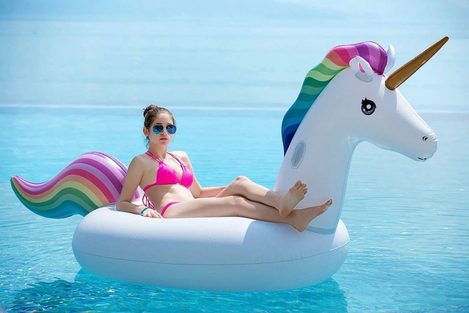 Jasonwell Giant Inflatable Unicorn Pool Float Floatie Ride On with Fast Valves Large Rideable Blow Up Summer Beach Swimming Pool Party Lounge Raft Decorations Toys Kids Adults