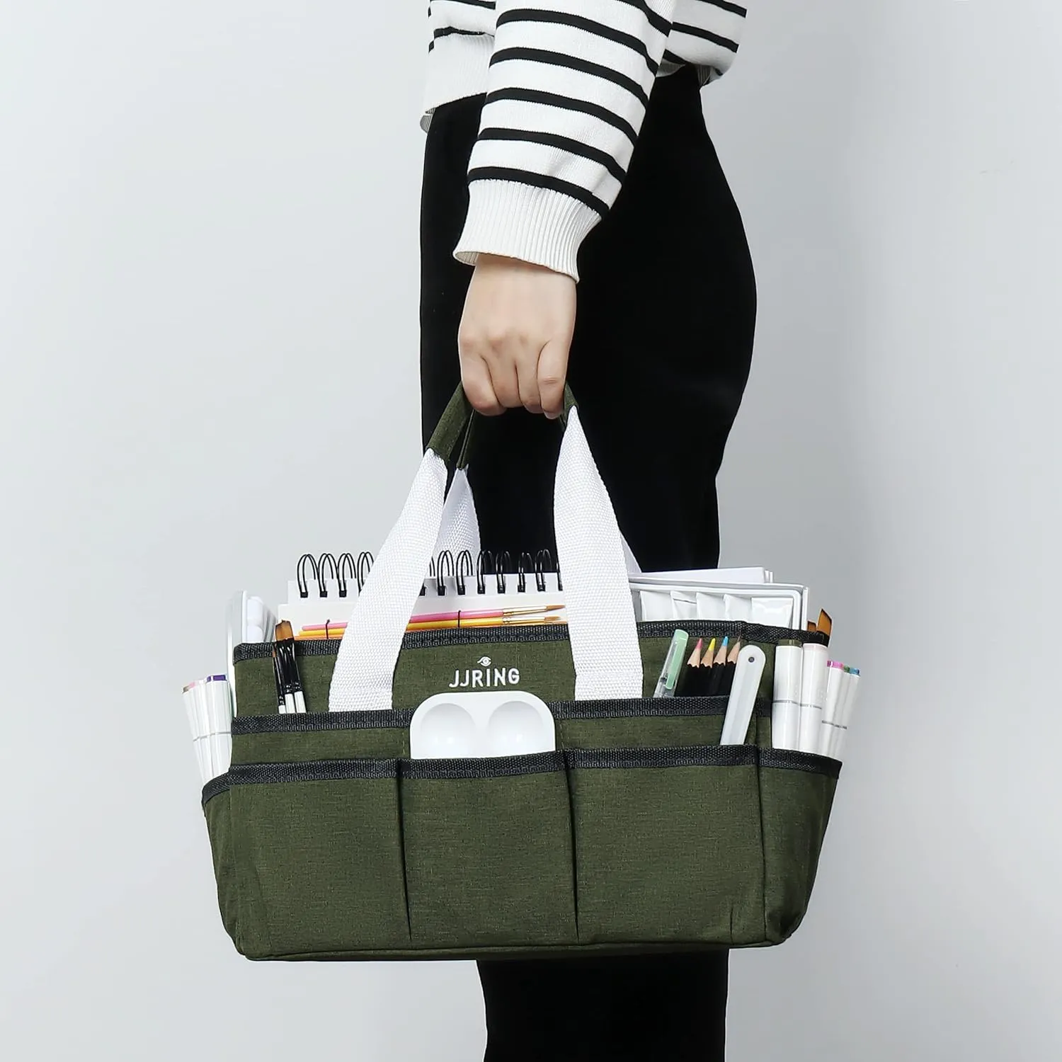 JJRING Craft Organizer Tote Bag, Art Storage Caddy with Multiple Pockets, Sap Green Sewing Bag for Art, Craft, Scrapbooking, Medical, and Office Supplies Storage