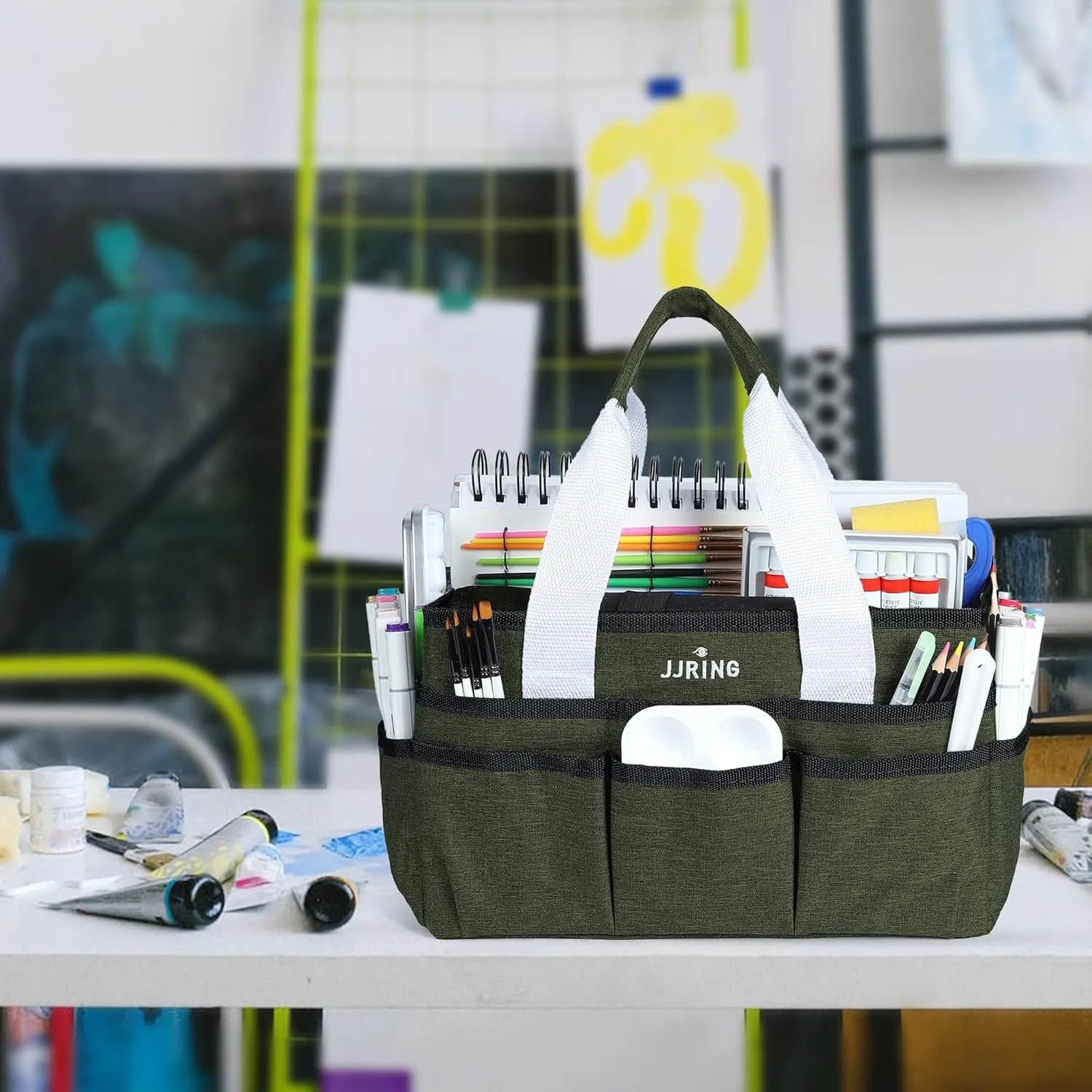 JJRING Craft Organizer Tote Bag, Art Storage Caddy with Multiple Pockets, Sap Green Sewing Bag for Art, Craft, Scrapbooking, Medical, and Office Supplies Storage