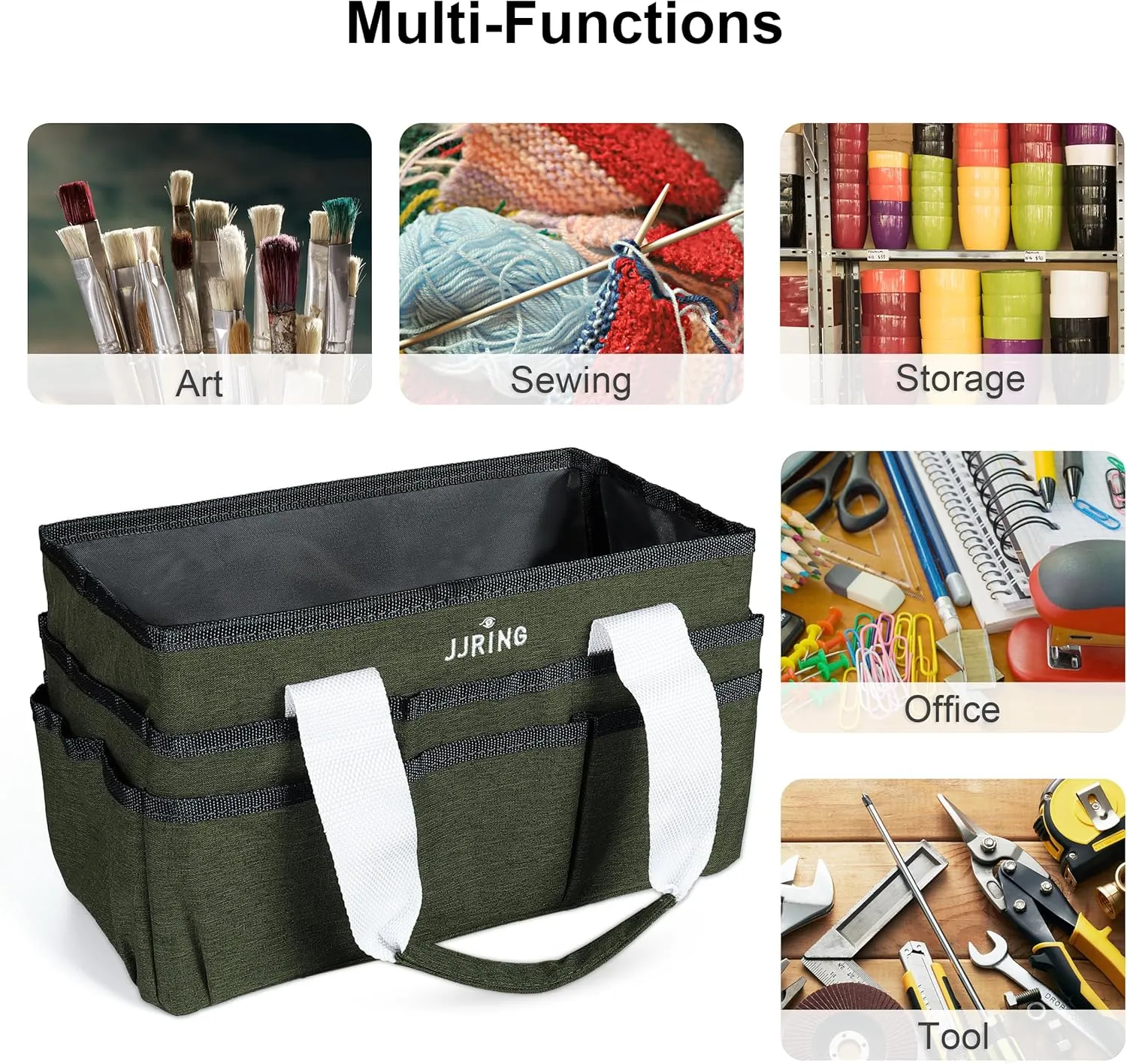 JJRING Craft Organizer Tote Bag, Art Storage Caddy with Multiple Pockets, Sap Green Sewing Bag for Art, Craft, Scrapbooking, Medical, and Office Supplies Storage