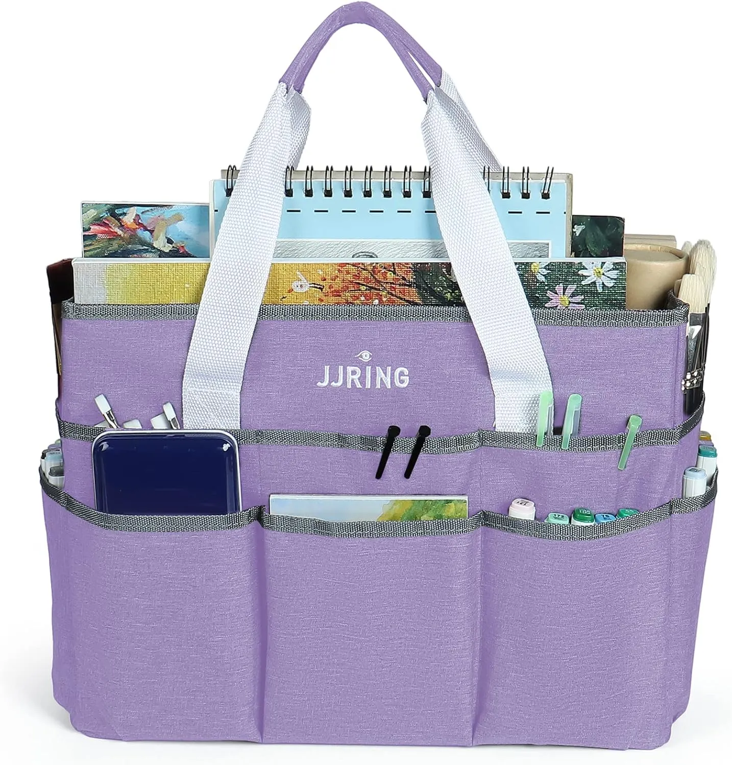 JJRING Craft Organizer Tote Bag, Large Art Storage Caddy with Multiple Pockets, Lilac Sewing Bag for Art, Craft, Scrapbooking, School, Medical, and Office Supplies Storage