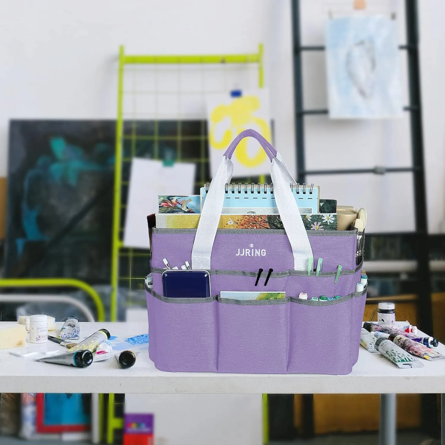 JJRING Craft Organizer Tote Bag, Large Art Storage Caddy with Multiple Pockets, Lilac Sewing Bag for Art, Craft, Scrapbooking, School, Medical, and Office Supplies Storage