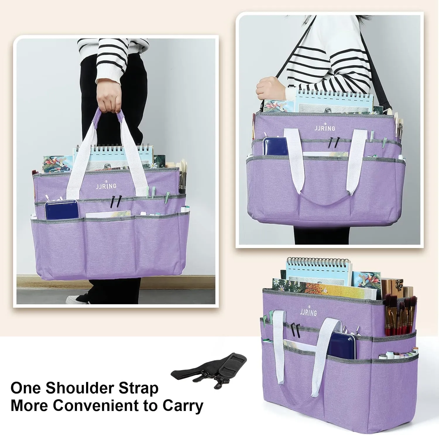 JJRING Craft Organizer Tote Bag, Large Art Storage Caddy with Multiple Pockets, Lilac Sewing Bag for Art, Craft, Scrapbooking, School, Medical, and Office Supplies Storage