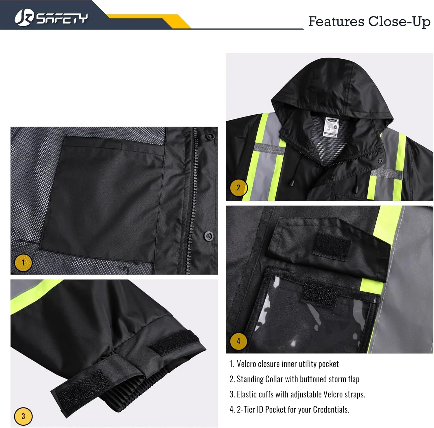 JKSafety Hi-Vis Reflective Safety Rain Jacket and Pants for Men Women Waterproof Rain Gears for Farming Fishing Work HV Rain Suit with Inner Mesh Lining and Pockets (117-Black XL)