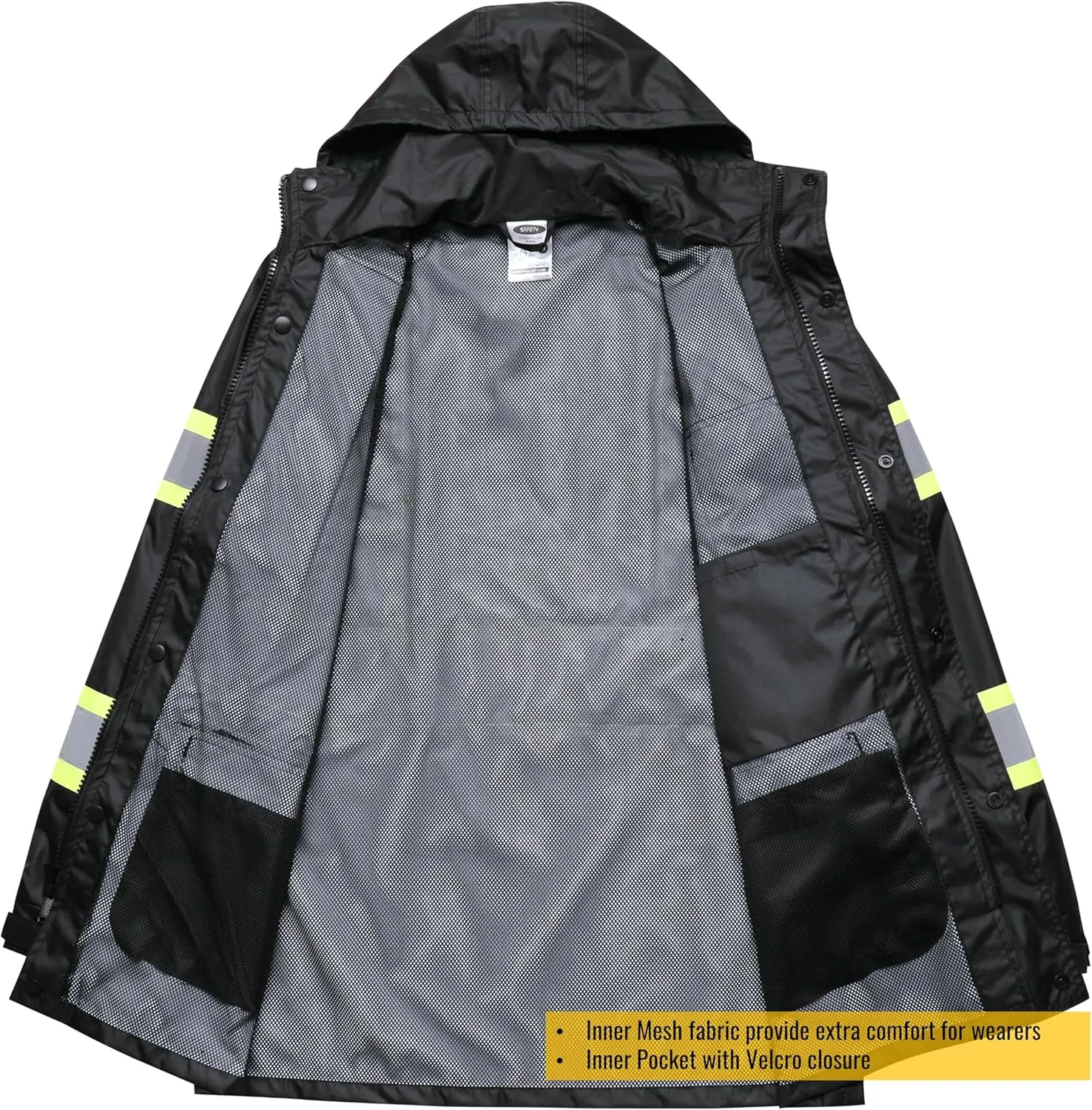 JKSafety Hi-Vis Reflective Safety Rain Jacket and Pants for Men Women Waterproof Rain Gears for Farming Fishing Work HV Rain Suit with Inner Mesh Lining and Pockets (117-Black XL)