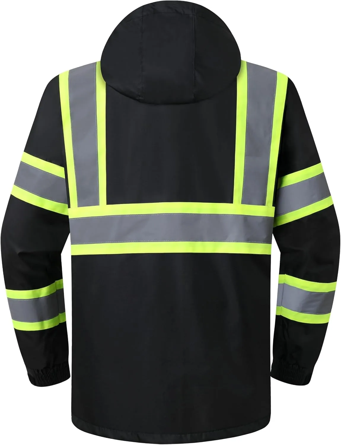 JKSafety Hi-Vis Reflective Safety Rain Jacket and Pants for Men Women Waterproof Rain Gears for Farming Fishing Work HV Rain Suit with Inner Mesh Lining and Pockets (117-Black XL)