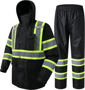 JKSafety Hi-Vis Reflective Safety Rain Jacket and Pants for Men Women Waterproof Rain Gears for Farming Fishing Work HV Rain Suit with Inner Mesh Lining and Pockets (117-Black XXL)