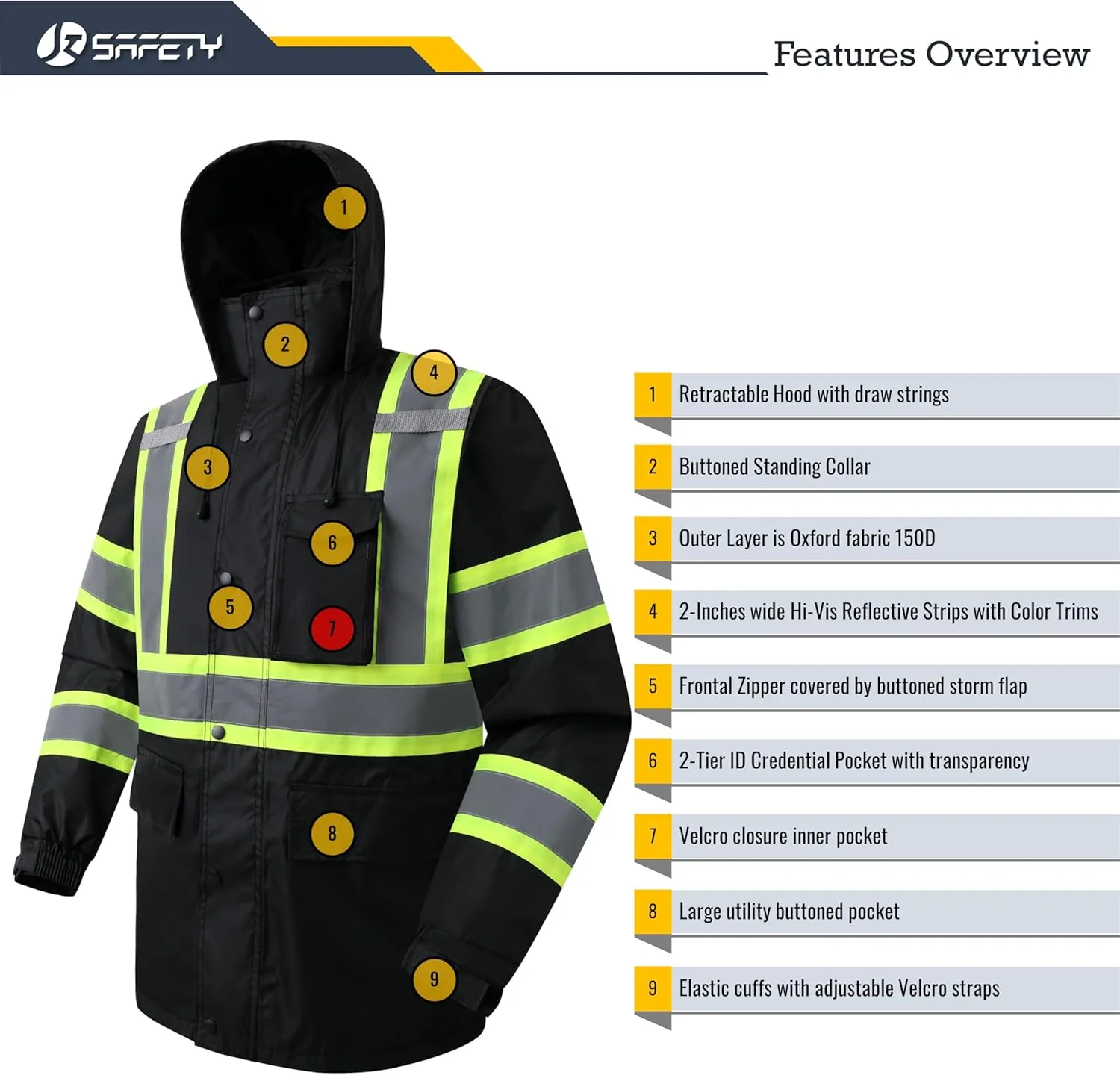 JKSafety Hi-Vis Reflective Safety Rain Jacket and Pants for Men Women Waterproof Rain Gears for Farming Fishing Work HV Rain Suit with Inner Mesh Lining and Pockets (117-Black XXL)