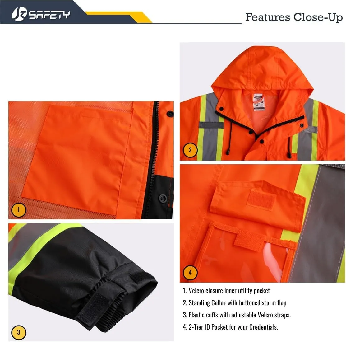 JKSafety Hi-Vis Reflective Safety Rain Jacket for Men Women Waterproof Rain Gears for Farming Fishing Work HV Rain Jacket with Inner Mesh Lining and Pockets (117A-OBlk XXL)