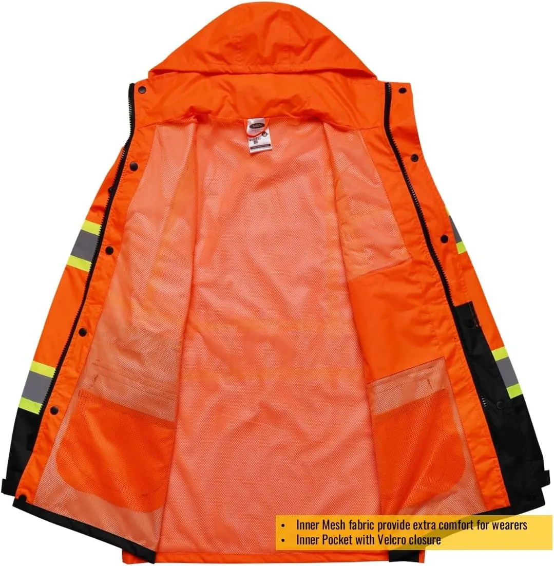 JKSafety Hi-Vis Reflective Safety Rain Jacket for Men Women Waterproof Rain Gears for Farming Fishing Work HV Rain Jacket with Inner Mesh Lining and Pockets (117A-OBlk XXL)