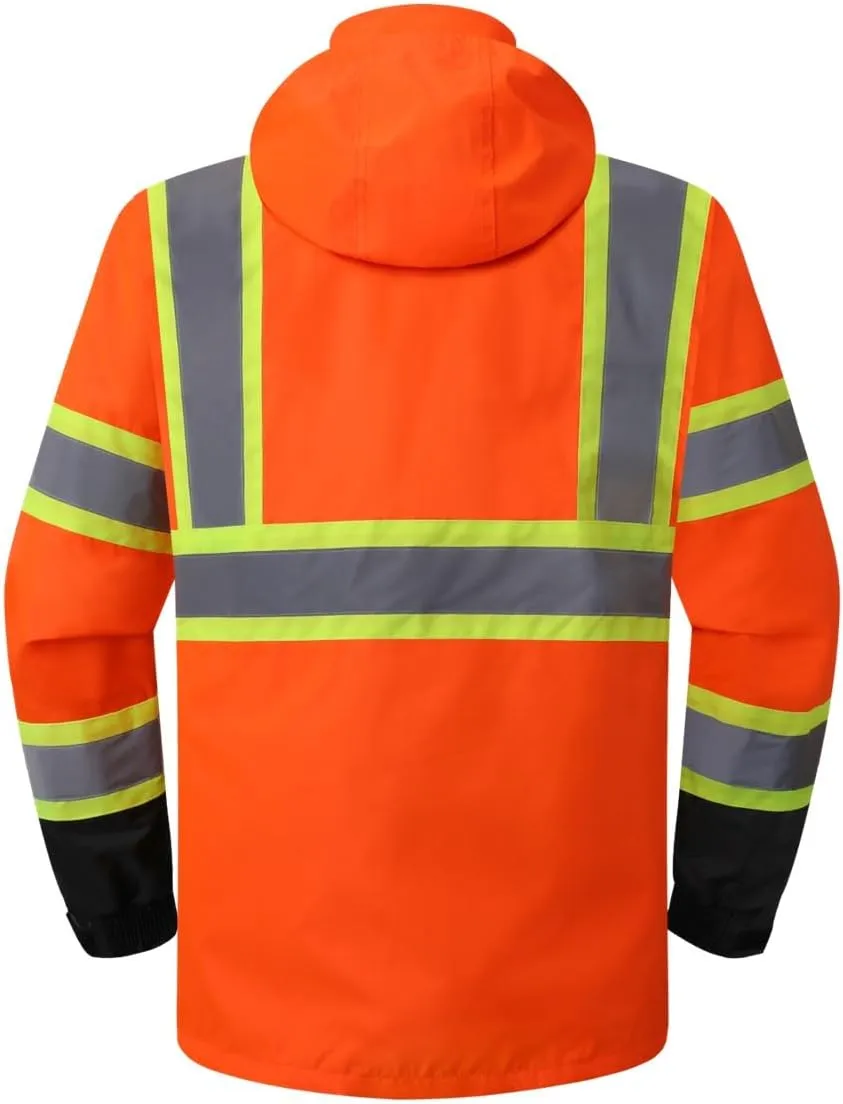 JKSafety Hi-Vis Reflective Safety Rain Jacket for Men Women Waterproof Rain Gears for Farming Fishing Work HV Rain Jacket with Inner Mesh Lining and Pockets (117A-OBlk XXL)