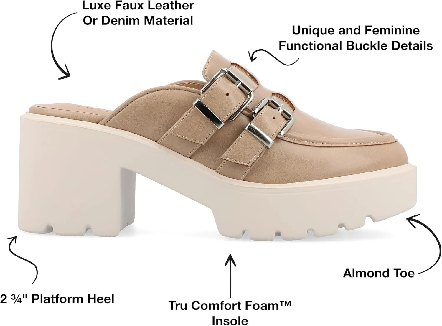 Journee Womens Light Weight Platform Mule Slip On Almond Toe Block Heel Buckle Brydie Comfort Foam Pumps