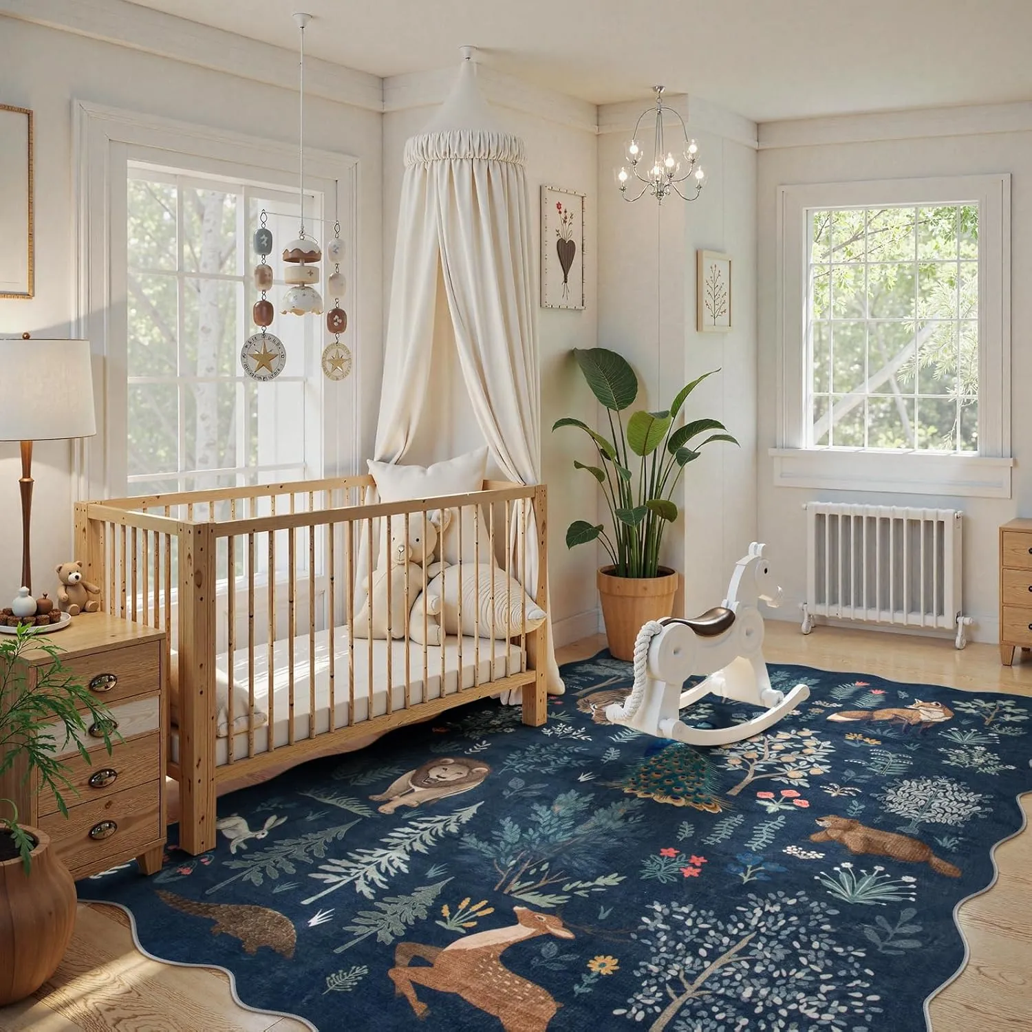 Jungle 5x7 Blue Area Rug, Soft Neutral Rugs for Bedroom Ultra-Thin Washable Playroom Rug, Neutral Print Non Slip Carpet Rug for Living Room Kids Nursery Playroom Office (Blue, 5'x7')