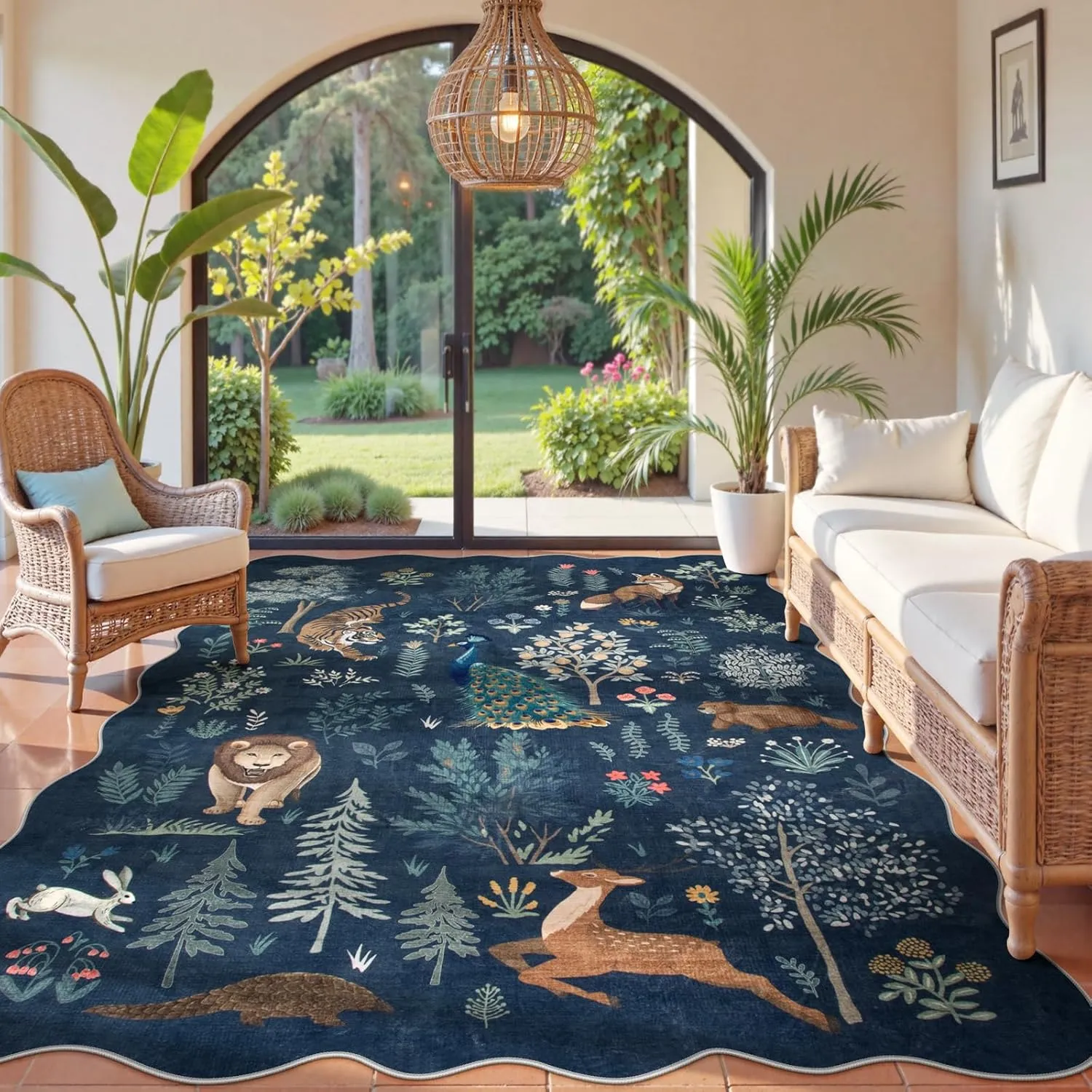 Jungle 5x7 Blue Area Rug, Soft Neutral Rugs for Bedroom Ultra-Thin Washable Playroom Rug, Neutral Print Non Slip Carpet Rug for Living Room Kids Nursery Playroom Office (Blue, 5'x7')