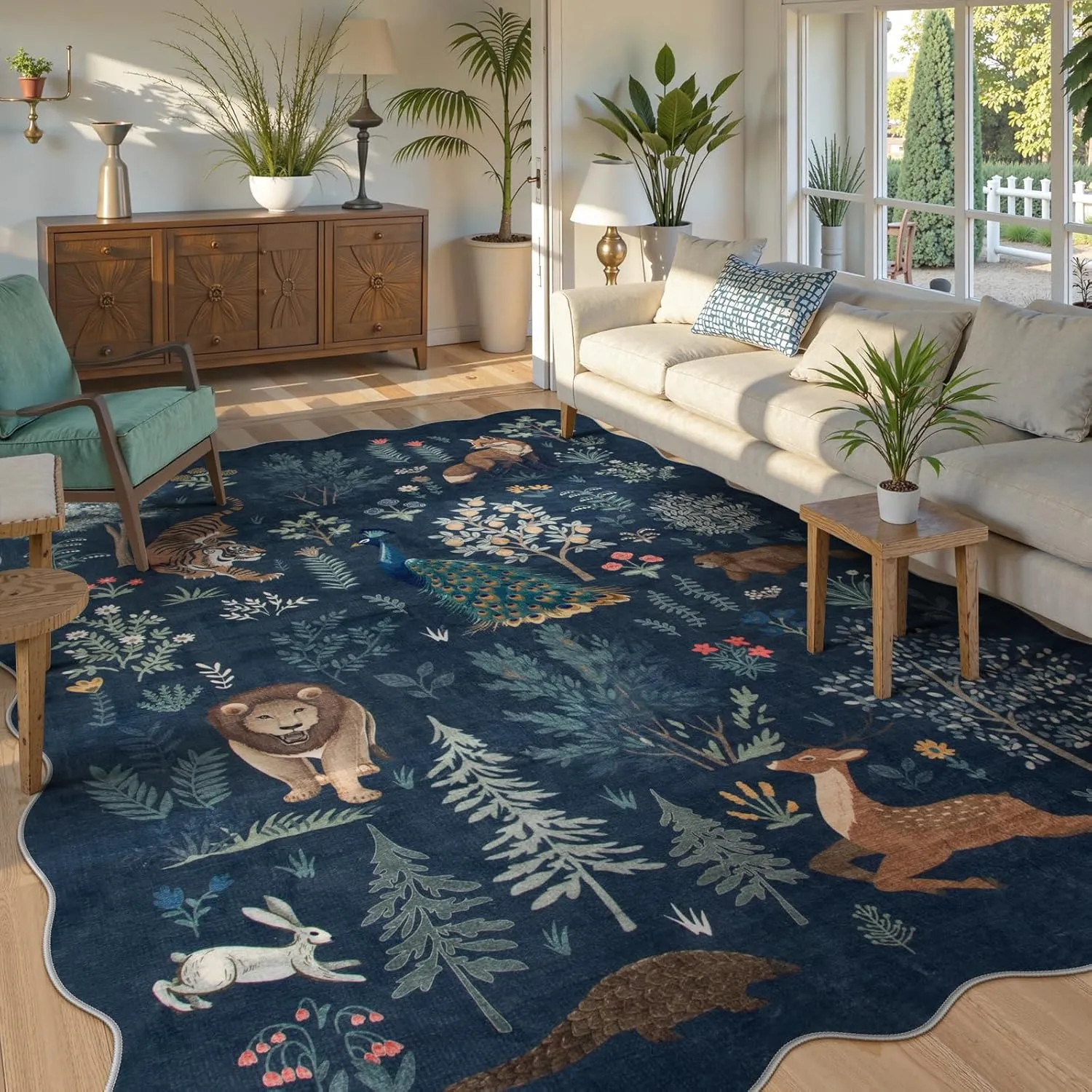 Jungle 5x7 Blue Area Rug, Soft Neutral Rugs for Bedroom Ultra-Thin Washable Playroom Rug, Neutral Print Non Slip Carpet Rug for Living Room Kids Nursery Playroom Office (Blue, 5'x7')