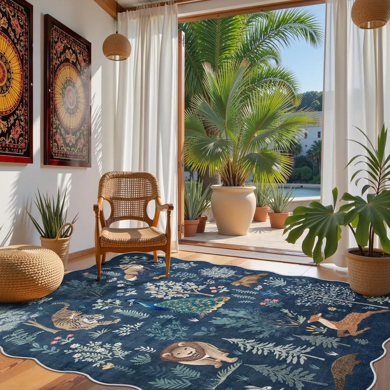Jungle 5x7 Blue Area Rug, Soft Neutral Rugs for Bedroom Ultra-Thin Washable Playroom Rug, Neutral Print Non Slip Carpet Rug for Living Room Kids Nursery Playroom Office (Blue, 5'x7')