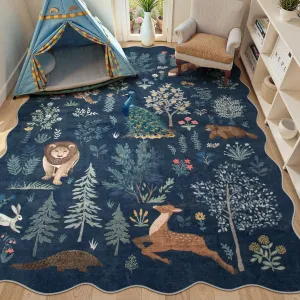 Jungle 5x7 Blue Area Rug, Soft Neutral Rugs for Bedroom Ultra-Thin Washable Playroom Rug, Neutral Print Non Slip Carpet Rug for Living Room Kids Nursery Playroom Office (Blue, 5'x7')