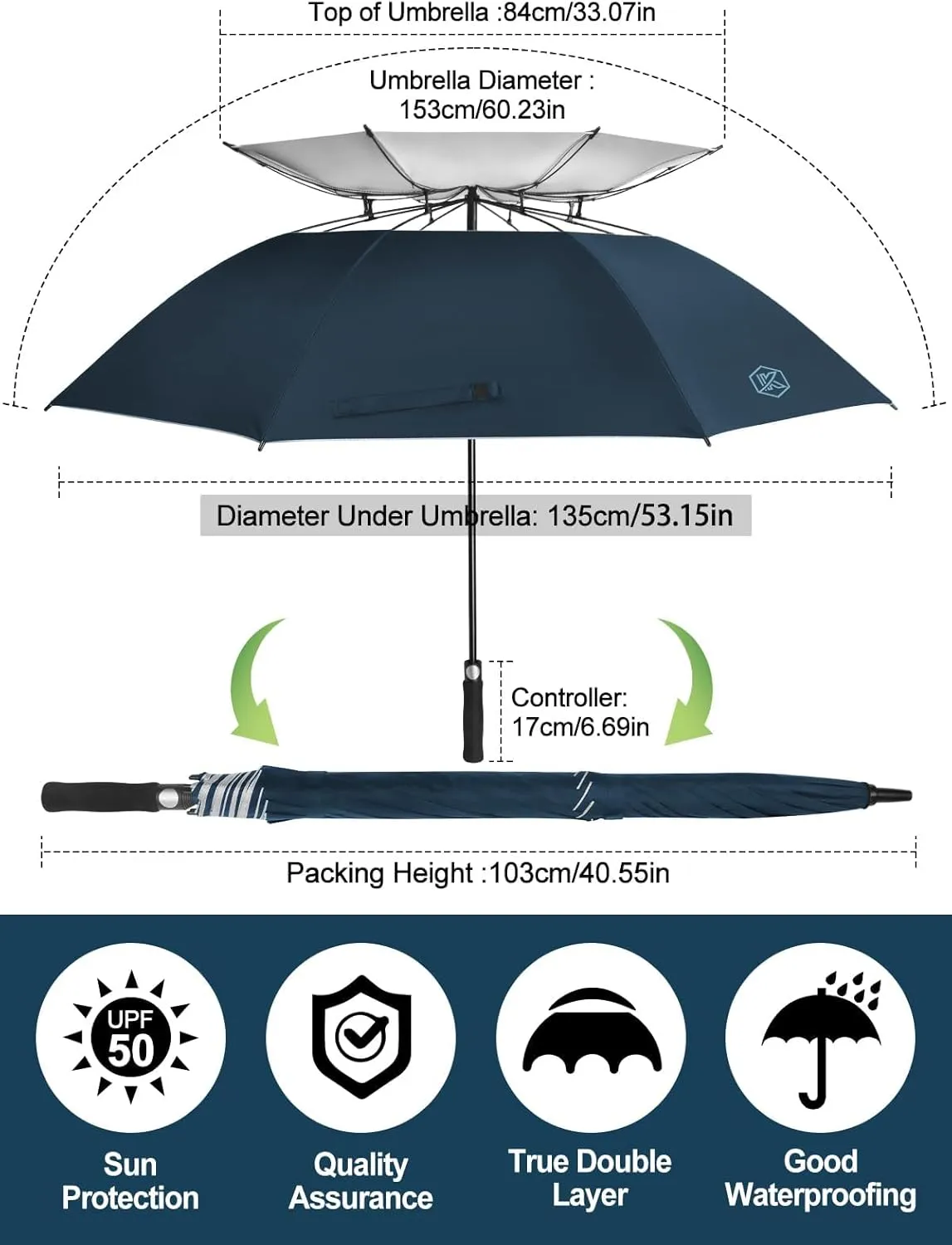 Kalolary UPF 50  UV Protection Compact Golf Umbrella,62/68 Inch Extra Large Oversize Double Canopy Vented Umbrella Windproof Waterproof for Men and Women