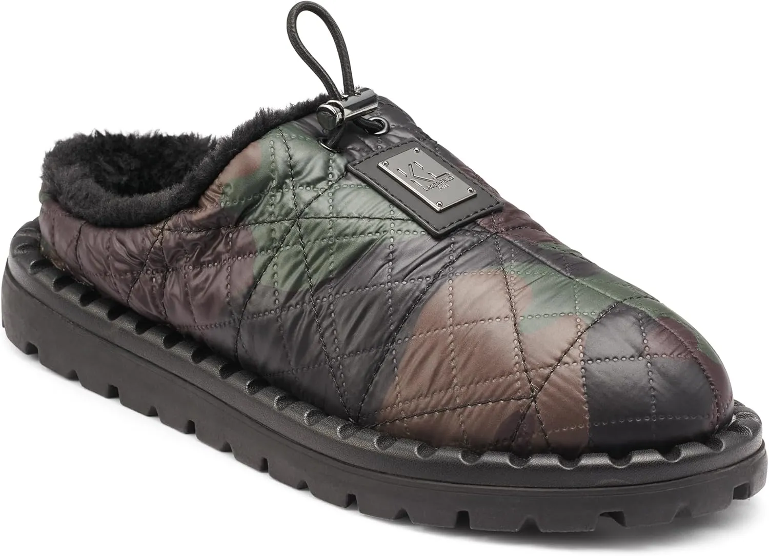 Karl Lagerfeld Paris Men's Nylon Camo Front Logo Fur Lined Sandal Slide