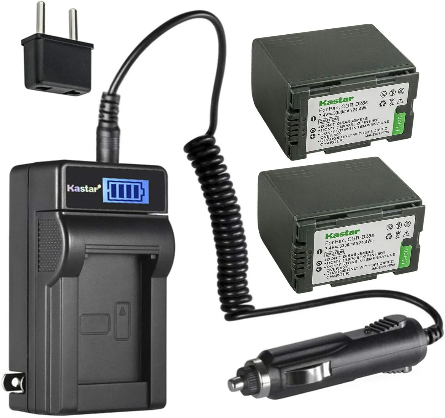 Kastar 2-Pack CGR-D28 Battery and LCD AC Charger Compatible with Panasonic NV-EX21, NV-GS1, NV-GS1B, NV-GS3, NV-GS3B, NV-GS4, NV-GS4B, NV-GS5, NV-GS5B, NV-GS7, NV-GS11, NV-GS15, NV-GS33, NV-GX7